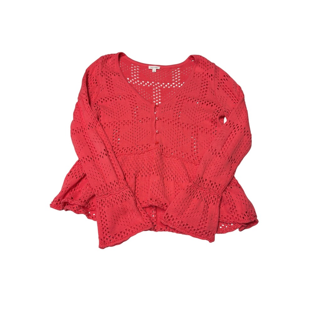 Pilcro Anthropologie Pink Pointelle Knit‎ Peplum Cardigan Bell Sleeve Womens  S